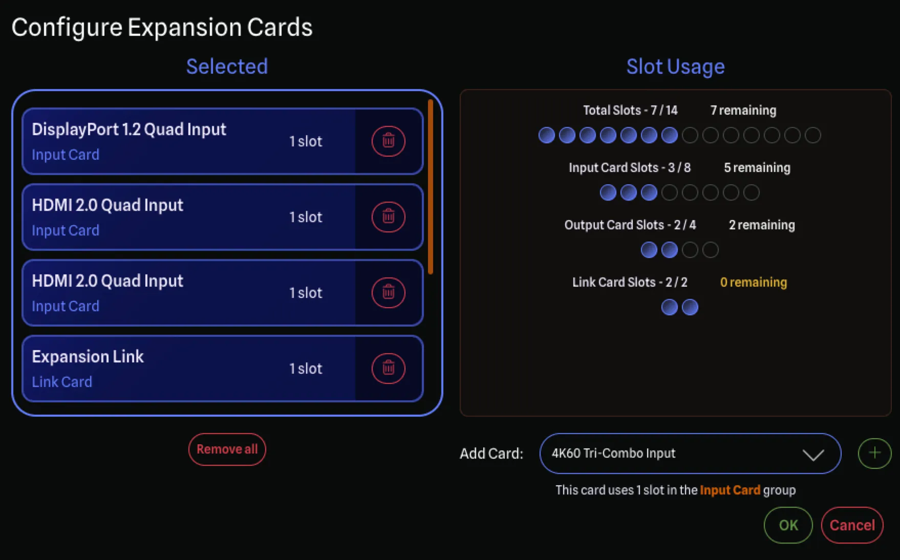 Configure Expansion Cards dialog showing the card picker with slot usage