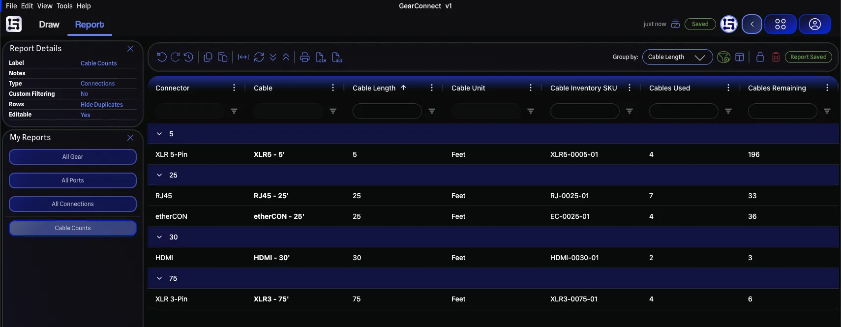 Cable count report grouped by cable length