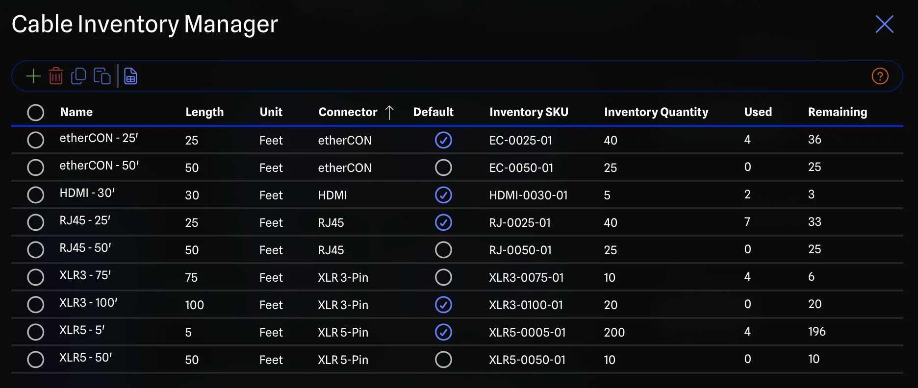 The Cable Inventory Manager listing cable types and quantities