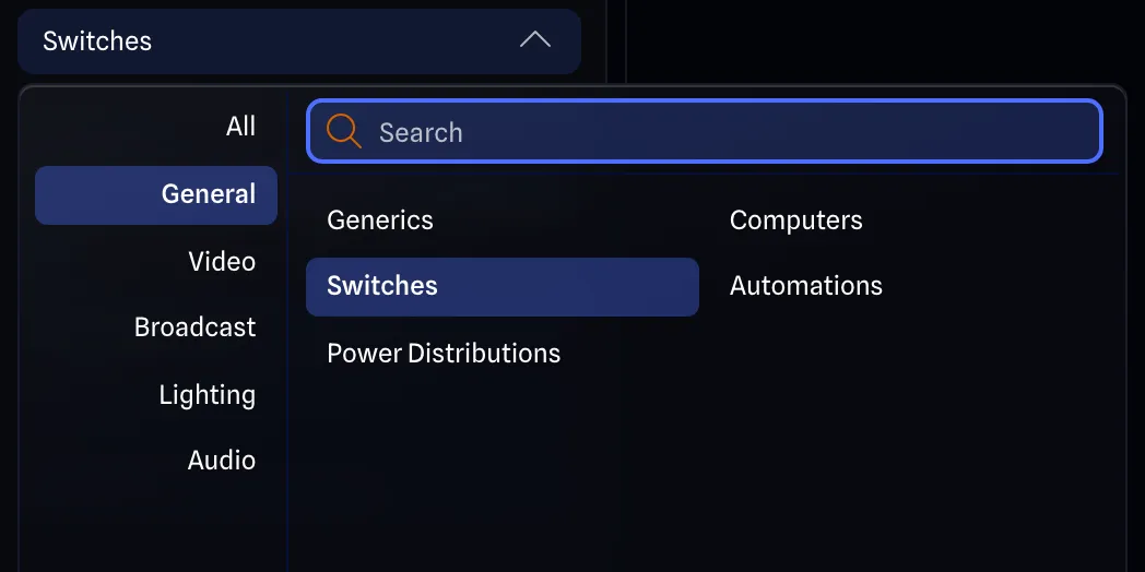 The Category dropdown open in two panes, with General chosen on the left and Switches on the right