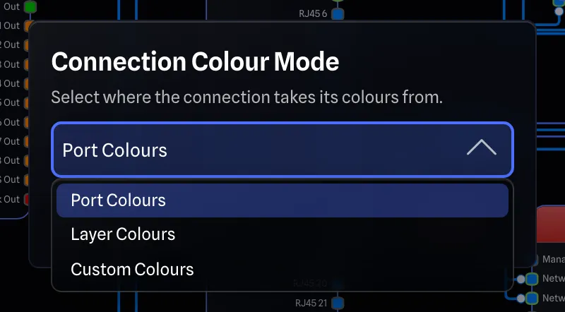 The Connection Colour Mode setting with Port Colours, Layer Colours and Custom Colours
