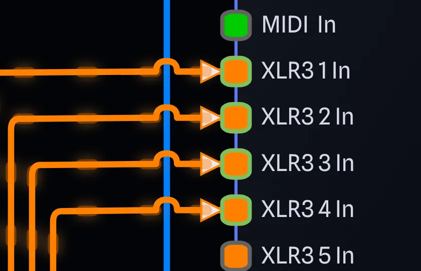 Four orange connections hopping over one blue line into XLR3 1 to 4 In