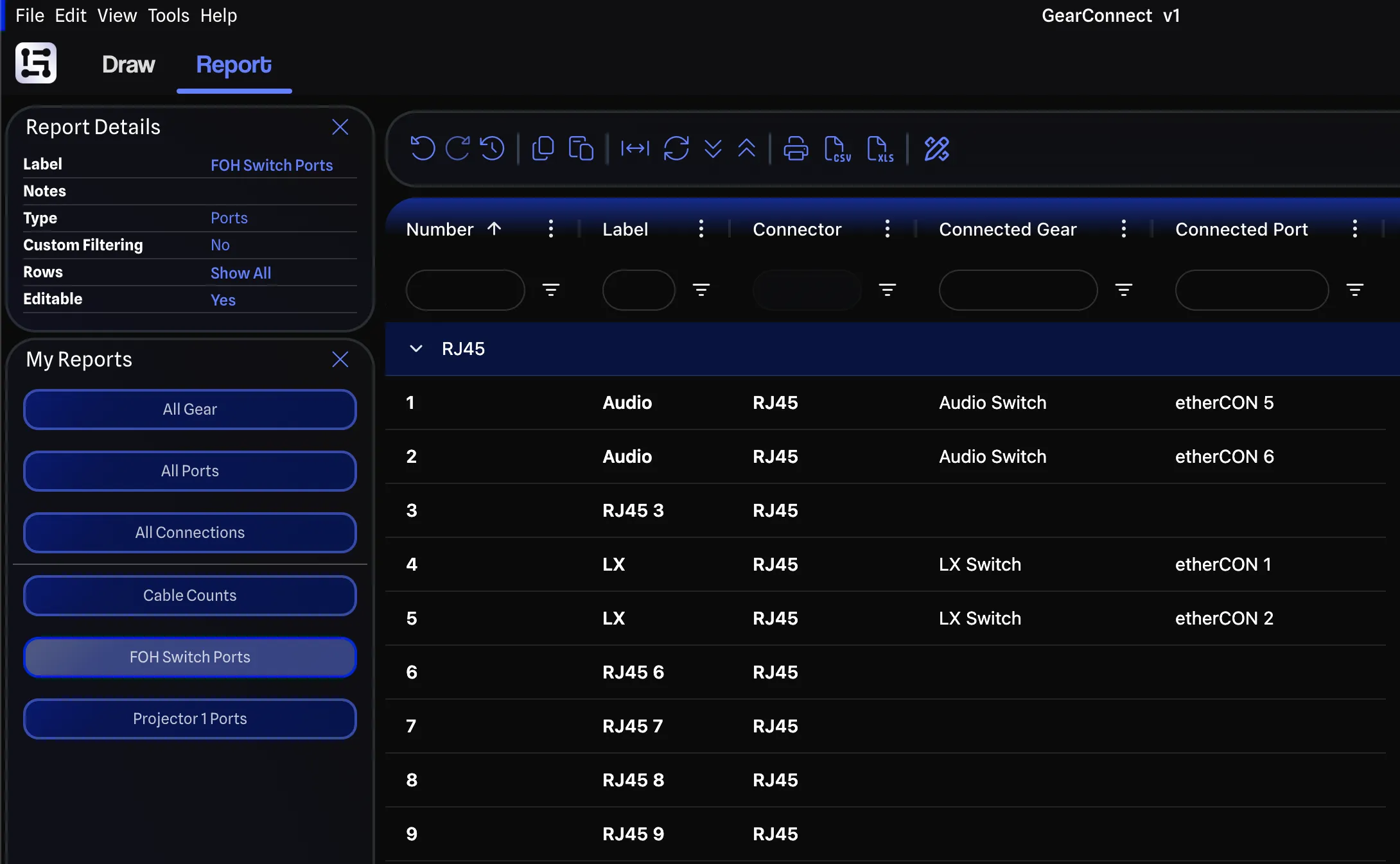 A port report generated from the drawing's gear, editable so changes sync back to the drawing