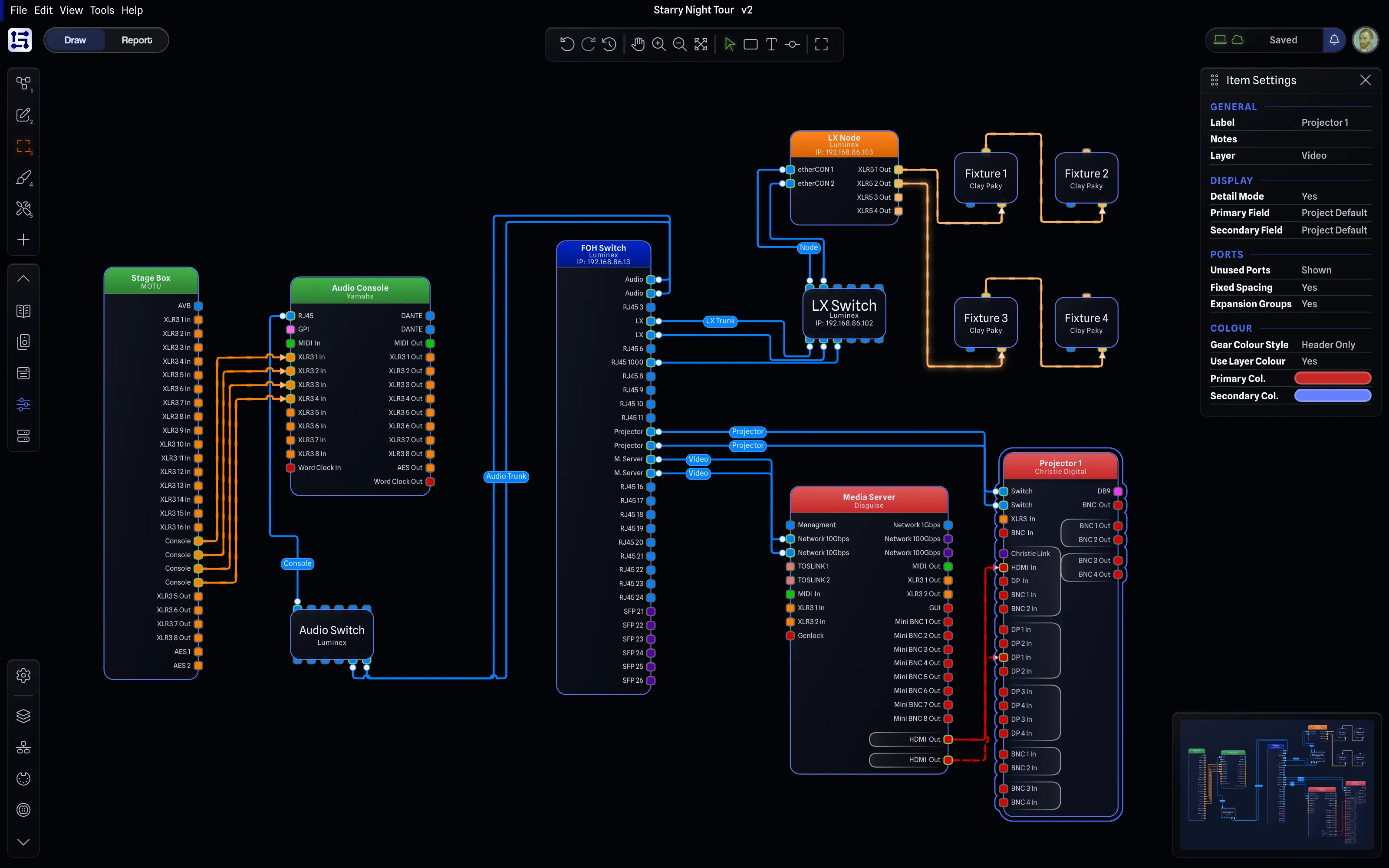 GearConnect v2 in Floating: only Item Settings open for Projector 1, the side rail, toolbar and Mini Map floating over an AV system drawing
