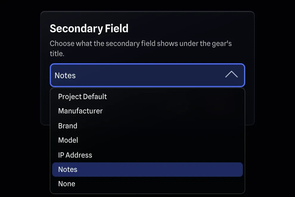 The Secondary Field picker for one gear, open on Project Default, Manufacturer, Brand, Model, IP Address, Notes and None, with Notes chosen