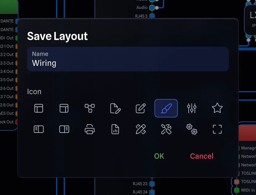 Save Layout dialog with a name field and icon picker