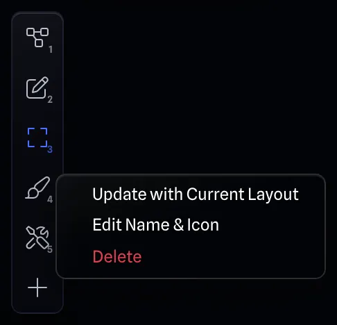 Right-click menu on a saved layout slot on the side rail: update with the current layout, edit its name and icon, or delete