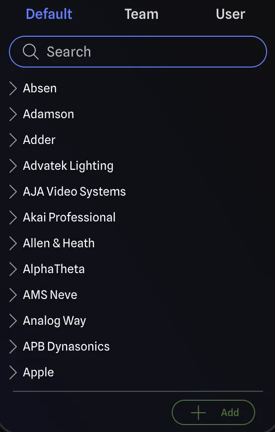 The GearConnect library browser with Default, Team, and User tabs, search, and an alphabetical list of gear manufacturers