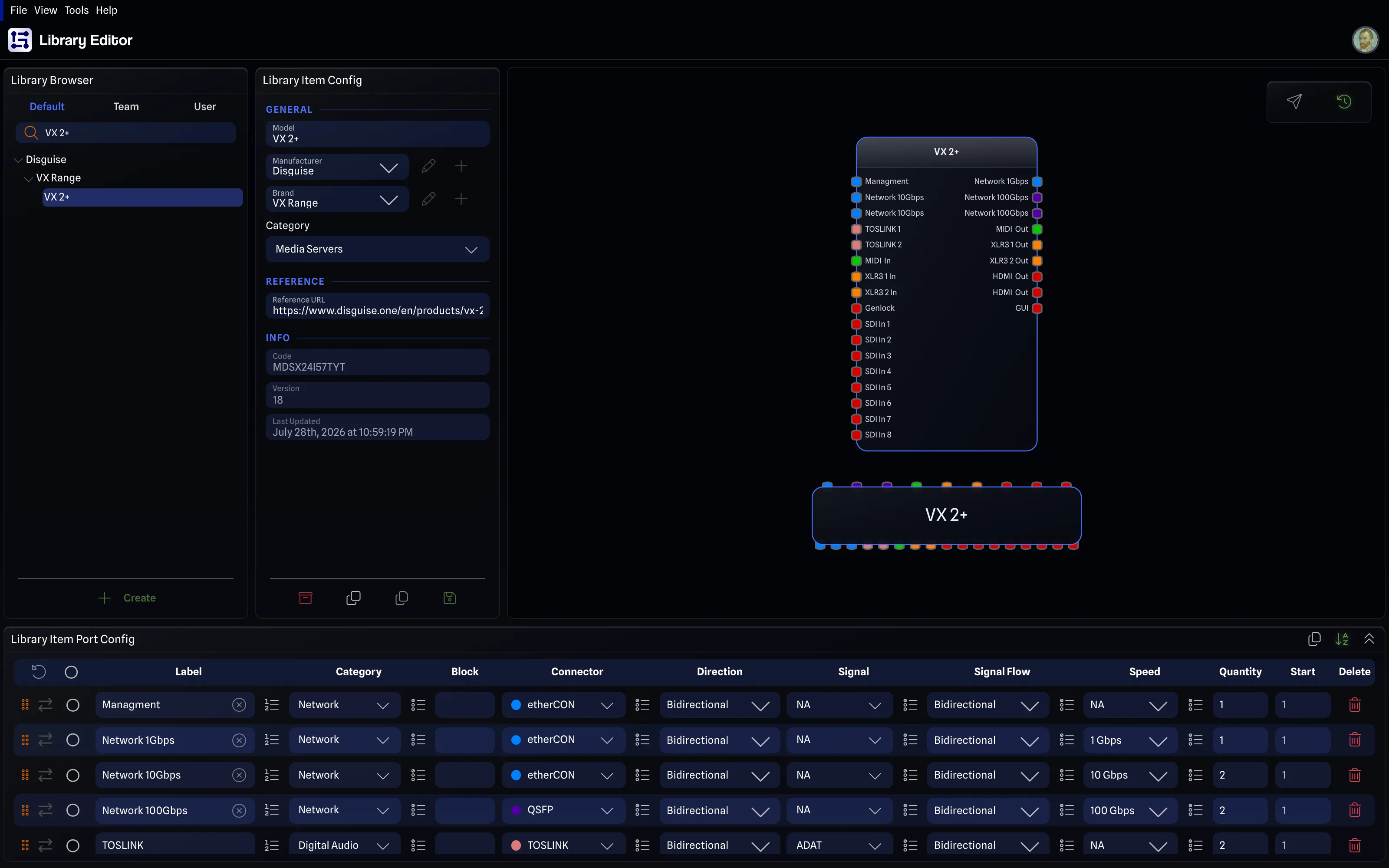 The Library Editor with the Disguise VX 2+ open: Library Browser, Library Item Config, the gear previewed in Detail and Standard Mode, and its ports in Library Item Port Config