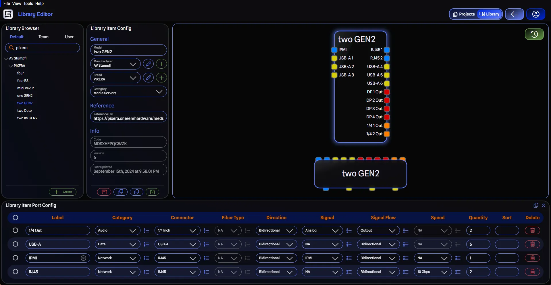 The GearConnect Library Editor with a gear item and its port config
