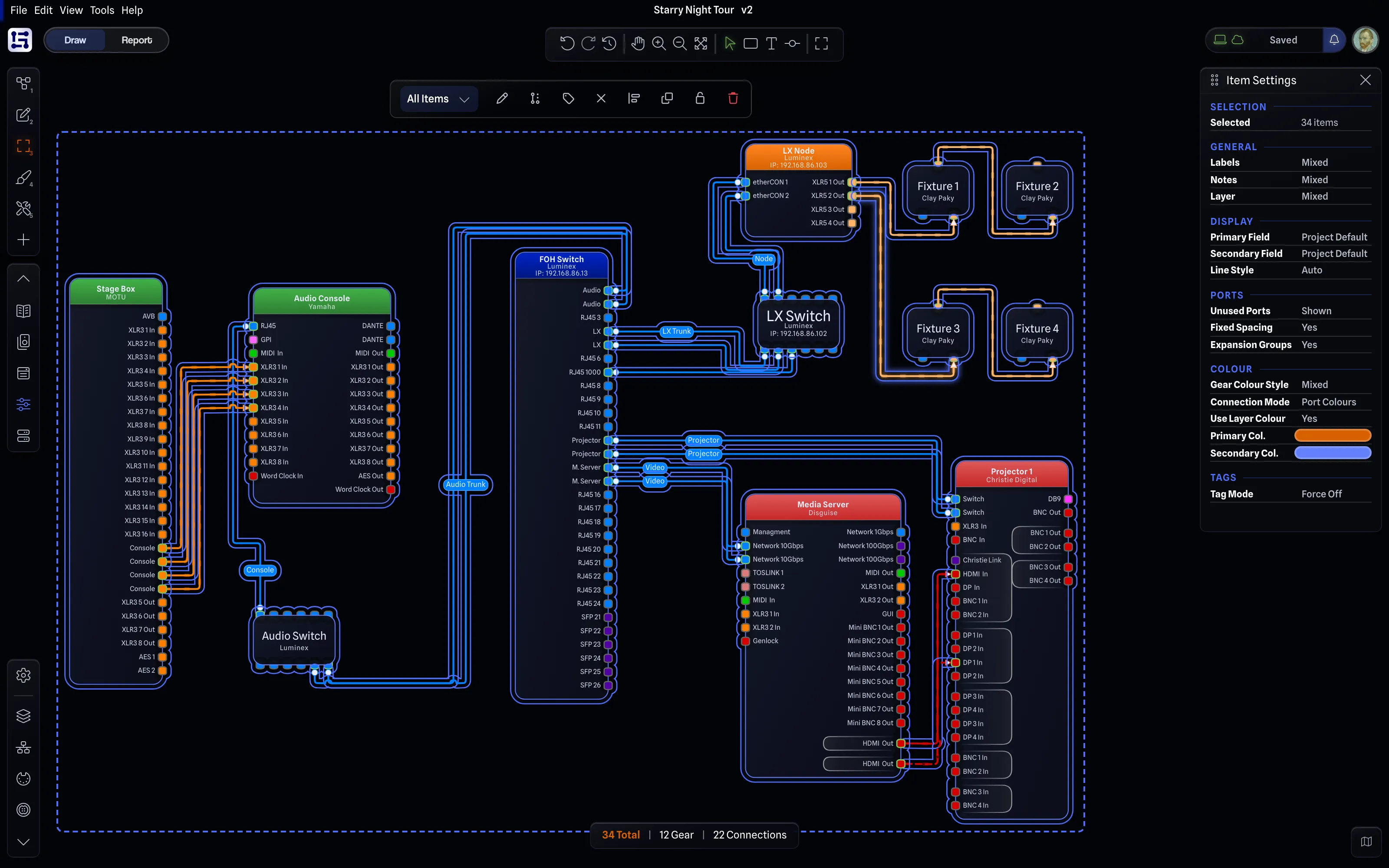Everything in the drawing selected at once, with the selection toolbar above, Item Settings open and the count bar reading 34 Total, 12 Gear, 22 Connections