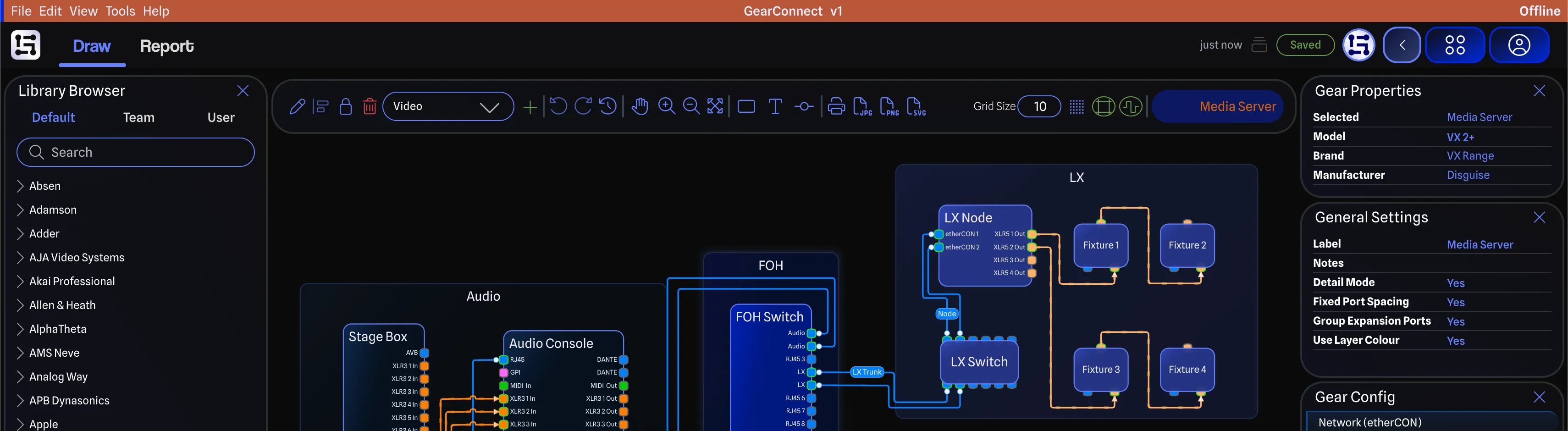 GearConnect running in offline mode, the full drawing UI with an orange top menu bar reading Offline