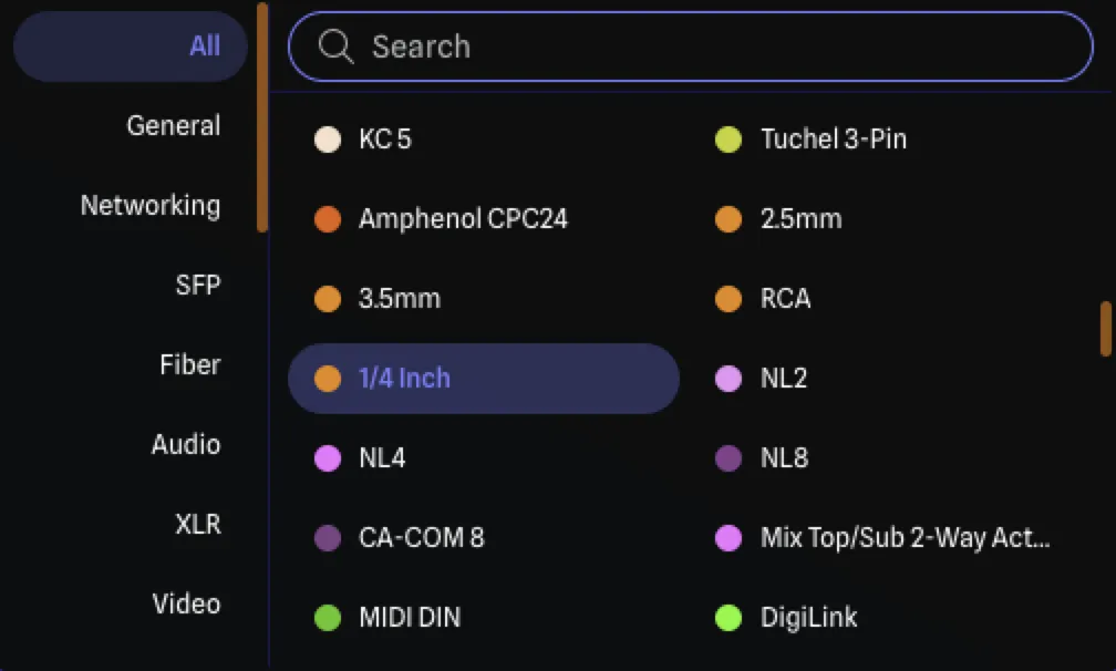 Searchable connector picker with connectors grouped into categories