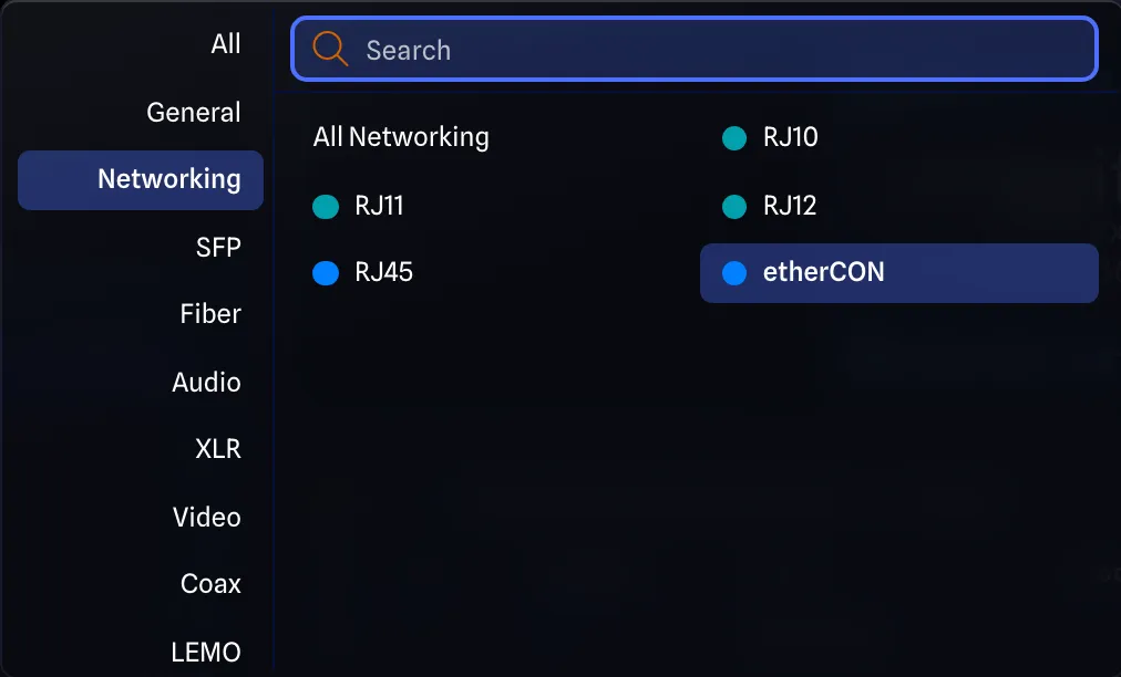 A two-pane port filter with Networking chosen on the left and etherCON on the right