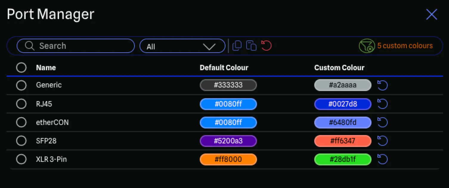 The Port Manager dialog listing connectors with their default and custom colour swatches
