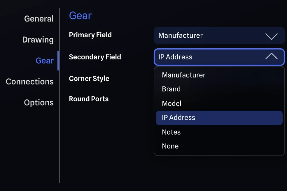 The Gear tab of Project Settings, with the Secondary Field dropdown open on Manufacturer, Brand, Model, IP Address, Notes and None, and IP Address chosen