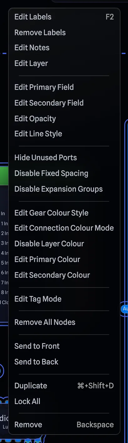 The right-click menu for the same selection, in the same groups and order
