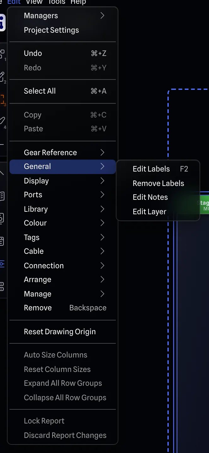 The Edit menu with its General submenu open, matching the right-click menu
