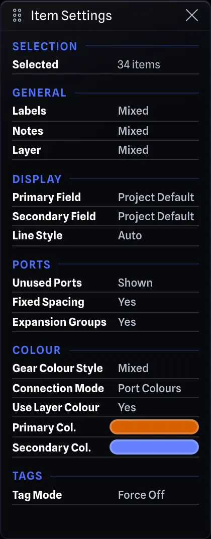 Item Settings for a selection of 34 items, grouped into Selection, General, Display, Ports, Colour and Tags