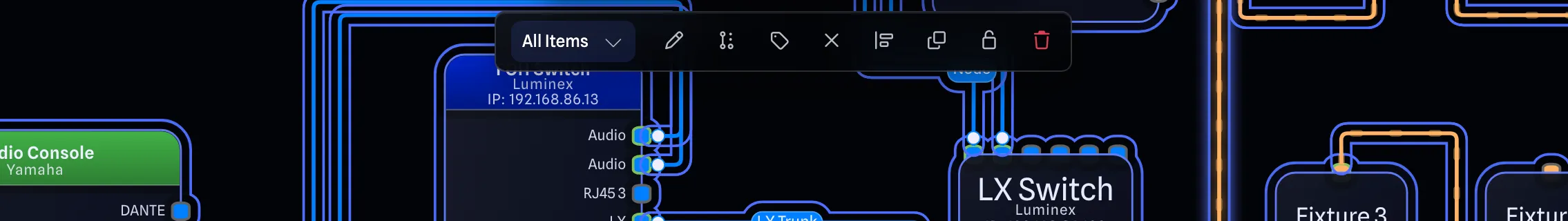 The selection toolbar with its All Items filter and the edit labels, edit line style, edit tag mode, remove all nodes, align, duplicate, lock all and remove actions